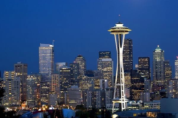 A view of the Space Needle and the city of Seattle, Washington at night