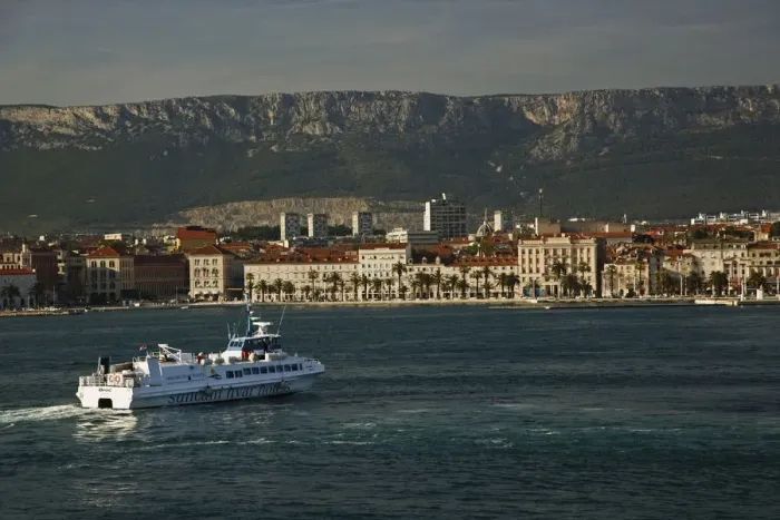 Framed Print : View of Split, Croatia from boat in Adriatic Sea