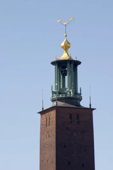 Framed Print : View to Stadshuset, the City Hall, over the Riddarfjarden, with its iconic tower with three crowns