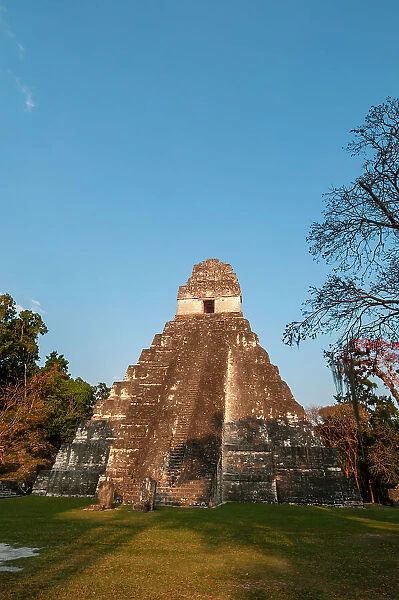A view of Temple I, also known as the Temple of the Giant Jaguar. Tikal National Park, El Peten, Guatemala