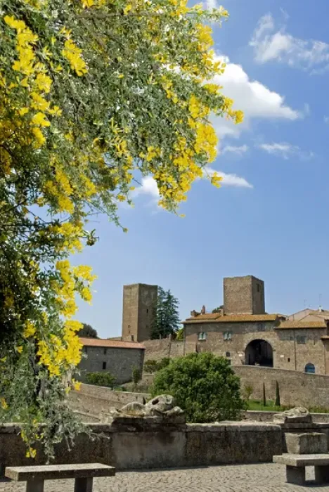 Framed Print : View of Tuscania from Bastianini Square and Etruscan sarcophagus, Viterbo province