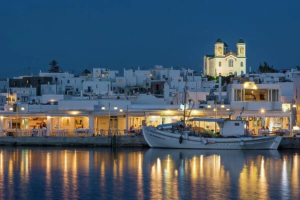 A view of the village of Naousa and dock at night. Naousa, Paros Island, Cyclades Islands, Greece