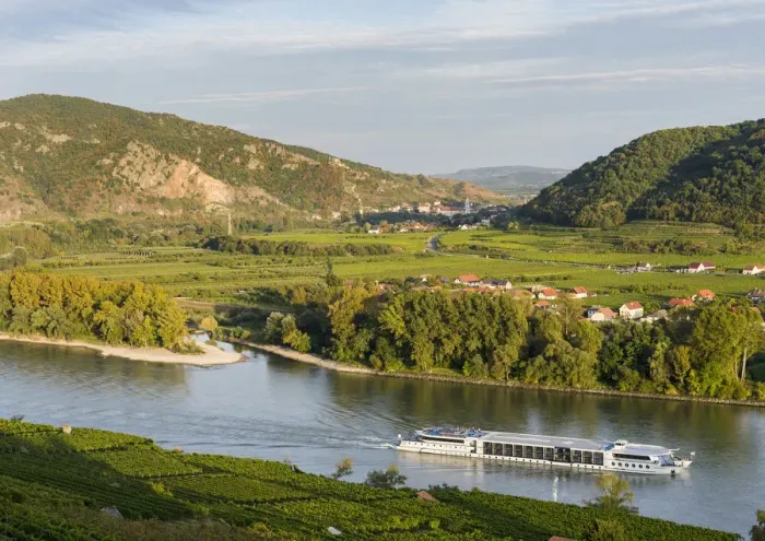 Framed Print : View from Weissenkirchen over the Danube towards Rossatz and Duernstein in the Wachau Framed Print : View from Weissenkirchen over the Danube towards Rossatz and Duernstein in the Wachau