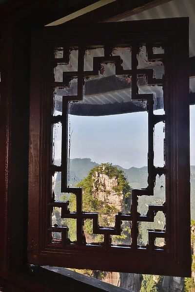 View through window at Moutains of Yellow Stone Village the first national forest park in China
