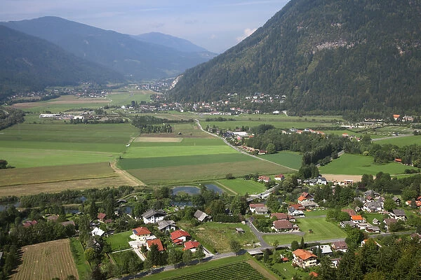 Villach, Carinthia, Austria - High angle view of a rural landscape with a residential area