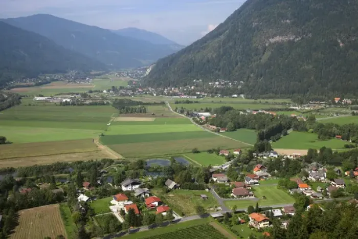Framed Print : Villach, Carinthia, Austria - High angle view of a rural landscape with a residential area Framed Print : Villach, Carinthia, Austria - High angle view of a rural landscape with a residential area