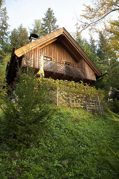 Villach, Carinthia, Austria - Low angle exterior view of cabin on a hill in the forest