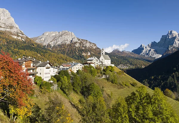 Village Colle San Lucia in Val Fiorentina. Monte Pelmo in the background, an icon of the Dolomites