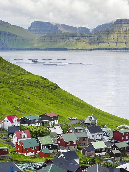 Village Funningur, in the background Funningsfjordur, Leiriksfjordur and the island Kalsoy
