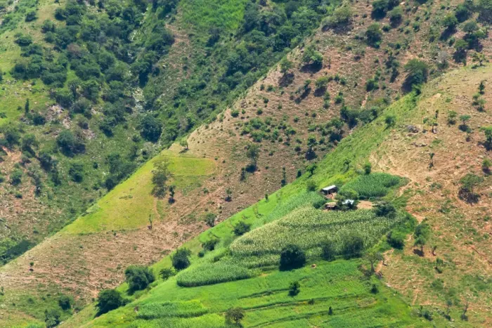 Framed Print : Village house and farmland on mountain slope, Simien Mountain, Ethiopia Framed Print : Village house and farmland on mountain slope, Simien Mountain, Ethiopia