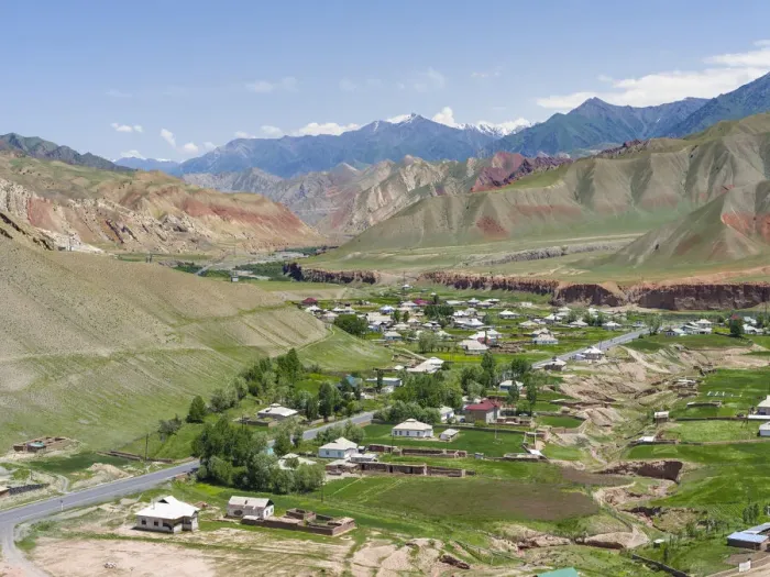 Framed Print : Village at the Pamir Highway. The mountain range Tian Shan or Heavenly Mountains Framed Print : Village at the Pamir Highway. The mountain range Tian Shan or Heavenly Mountains