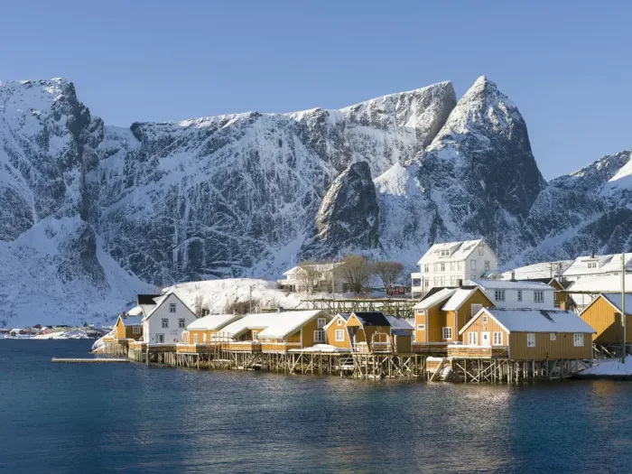 Framed Print : Village Reine and village Skrisoya on the island Moskenesoya Framed Print : Village Reine and village Skrisoya on the island Moskenesoya