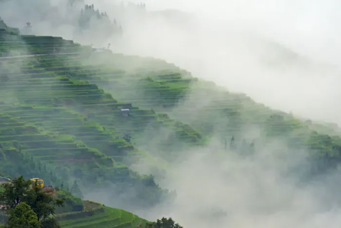 Framed Print : Village with rice terrace in the mountain in morning mist, Jiabang, Guizhou Province Framed Print : Village with rice terrace in the mountain in morning mist, Jiabang, Guizhou Province