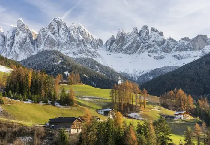 Framed Print : The village Sankt Magdalena in the Villnoess valley in the Dolomites during autumn