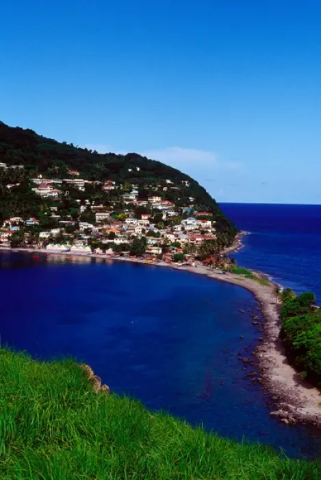 Framed Print : Village of Scotts Head, with views of Soufriere Bay and the Martinique Channel, Southern Coast