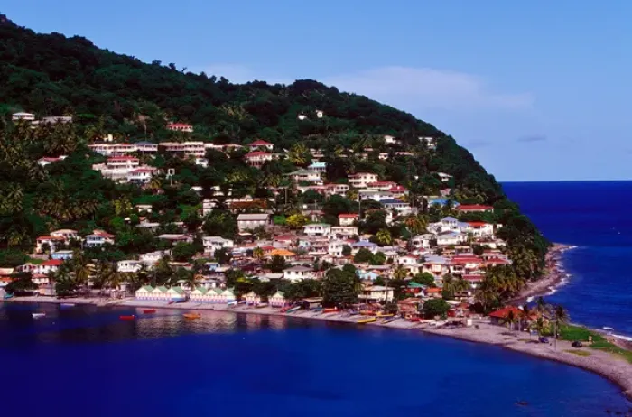 Framed Print : Village of Scotts Head, with views of Soufriere Bay and the Martinique Channel, Southern Coast