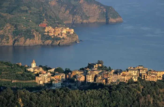 Framed Print : Villages of Corniglia and Manarola, Cinque Terre Liguria, Italy. Mediterranean Sea
