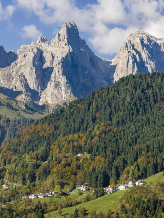 Framed Print : Villages Sarasin and Pongan in the Veneto under the peaks of the mountain range Pale di