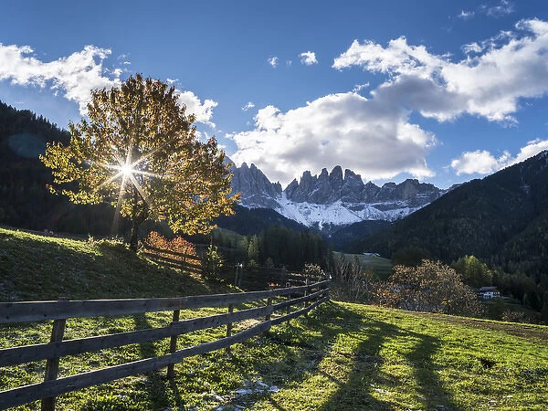 The Villnoess valley in the Dolomites during autumn. The peaks of the Geisler Mountain Range