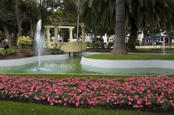 ViOa del Mar, Chile. South America. Flowers and fountain in Jose Vergara Plaza