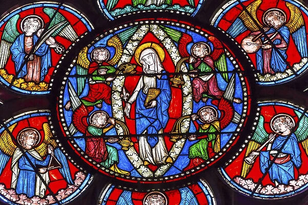 Virgin Mary, Angels stained glass, Notre Dame Cathedral, Paris, France