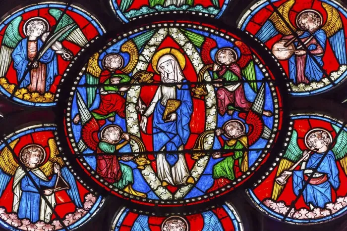 Framed Print : Virgin Mary, Angels stained glass, Notre Dame Cathedral, Paris, France Framed Print : Virgin Mary, Angels stained glass, Notre Dame Cathedral, Paris, France