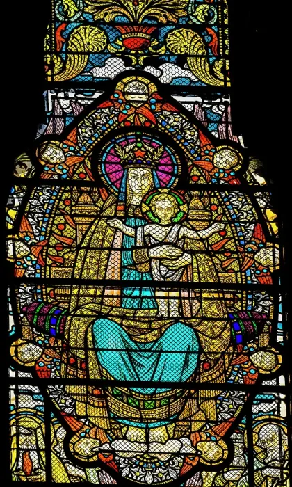 Framed Print : Virgin Mary, Baby Jesus colorful stained glass, Basilica of Notre Dame de Fourviere, Lyon, France. Built from 1872 to 1896. Dedicated to Virgin Mary. (Editorial Use Only) Framed Print : Virgin Mary, Baby Jesus colorful stained glass, Basilica of Notre Dame de Fourviere, Lyon, France. Built from 1872 to 1896. Dedicated to Virgin Mary. (Editorial Use Only)