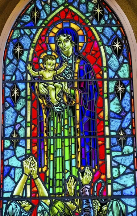 Framed Print : Virgin Mary Baby Jesus Stained glass Hallgrimskirkja Large Lutheran Church, Reykjavik