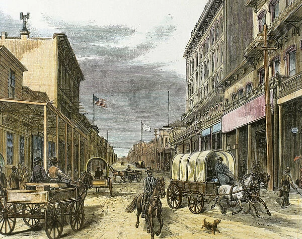Virginia City in 1870. Main street. United States. Engraving