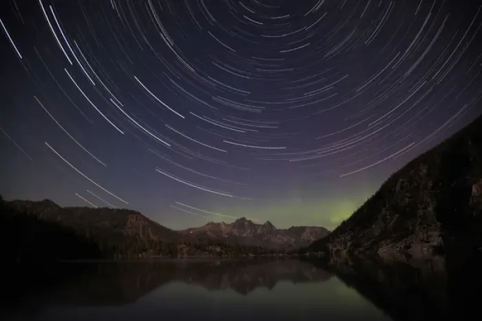 Framed Print : WA, Alpine Lakes Wilderness, Colchuck Lake, Star trails and Northern Lights