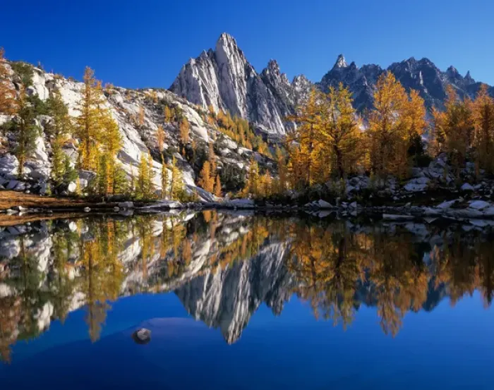 Framed Print : WA, Alpine Lakes Wilderness, Enchantment Lakes, Prusik Peak and Temple Ridge, reflected