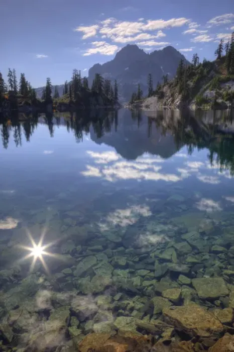 Framed Print : WA, Alpine Lakes Wilderness, Gem Lake and sunburst