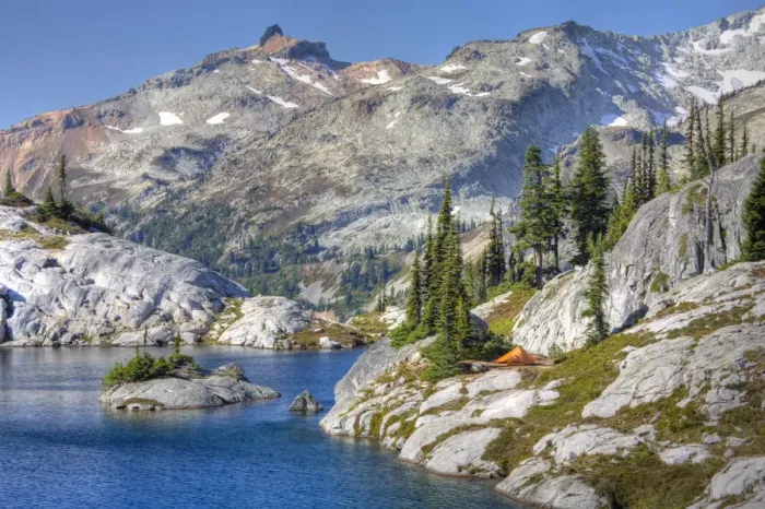 Framed Print : WA, Alpine Lakes Wilderness, Lower Robin Lake, with orange tent Framed Print : WA, Alpine Lakes Wilderness, Lower Robin Lake, with orange tent