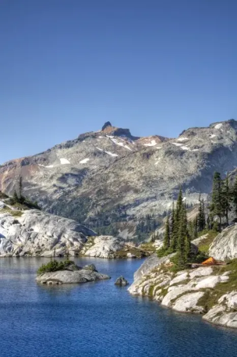 Framed Print : WA, Alpine Lakes Wilderness, Lower Robin Lake, with orange tent Framed Print : WA, Alpine Lakes Wilderness, Lower Robin Lake, with orange tent