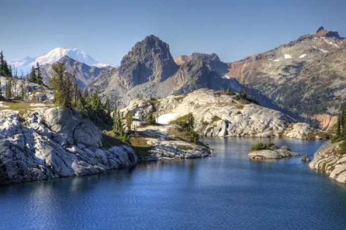 Framed Print : WA, Alpine Lakes Wilderness, Lower Robin Lake, with Cathedral Rock and Mount Rainier Framed Print : WA, Alpine Lakes Wilderness, Lower Robin Lake, with Cathedral Rock and Mount Rainier