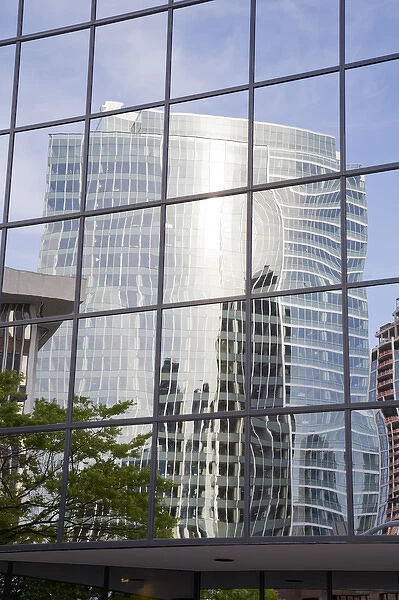 WA, Bellevue, Downtown Bellevue, Key Center Bellevue building reflected onto the