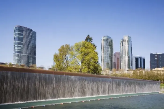 Framed Print : WA, Bellevue, Downtown Bellevue Park, with downtown Bellevue skyline. Westin Hotel