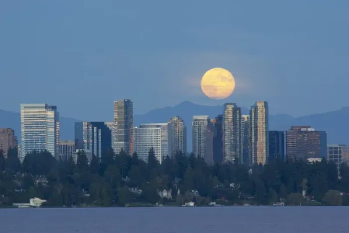 Framed Print : WA, Bellevue, Full moon raising over downtown skyline Framed Print : WA, Bellevue, Full moon raising over downtown skyline