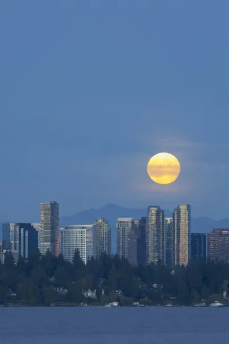 Framed Print : WA, Bellevue, Full moon raising over downtown skyline Framed Print : WA, Bellevue, Full moon raising over downtown skyline