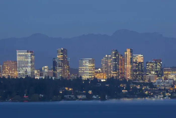 Framed Print : WA, Bellevue, Full moon raising over downtown skyline Framed Print : WA, Bellevue, Full moon raising over downtown skyline