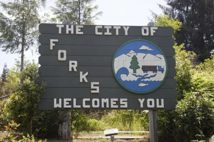 Framed Print : WA, Forks, City welcome sign
