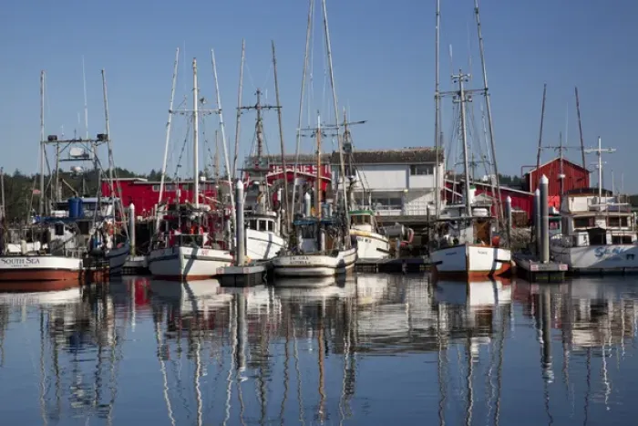 Framed Print : WA, Ilwaco, fishing boats and cannery at Port of Ilwaco