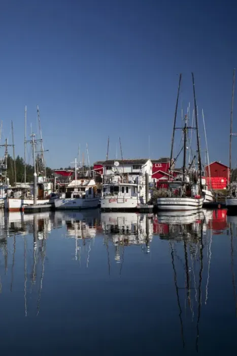 Framed Print : WA, Ilwaco, fishing boats and cannery at Port of Ilwaco