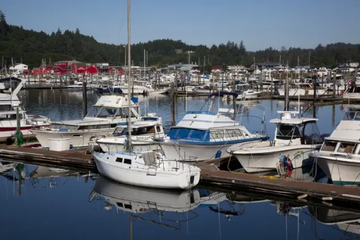 Framed Print : WA, Ilwaco, Marina, at Port of Ilwaco; with fishing boats and cannery