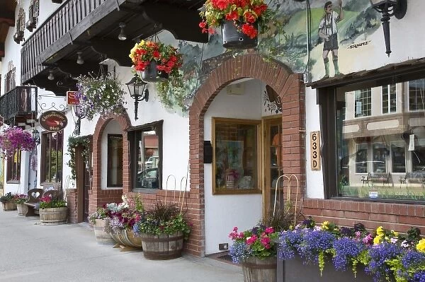 WA, Leavenworth, Bavarian style village, hotel and shop fronts