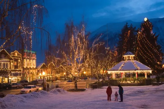 Framed Print : WA, Leavenworth, Leavenworth Ice Festival with gazebo and city park