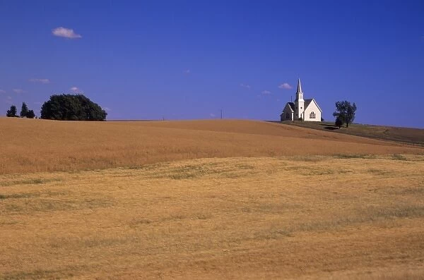 WA, Lincoln County; Rocklyn, Zion Methodist Church with wheat field
