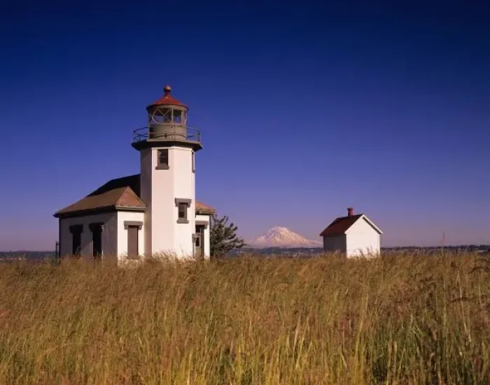 Framed Print : WA, Maury Island, Point Robinson Lighthouse, established 1885, built 1915, with Mt Framed Print : WA, Maury Island, Point Robinson Lighthouse, established 1885, built 1915, with Mt