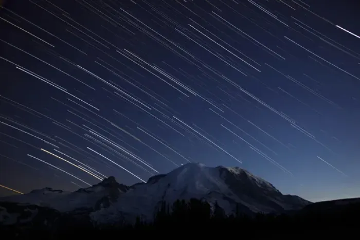 Framed Print : WA, Mount Rainier National Park, Mount Rainier and star trails, view from Sunrise Framed Print : WA, Mount Rainier National Park, Mount Rainier and star trails, view from Sunrise
