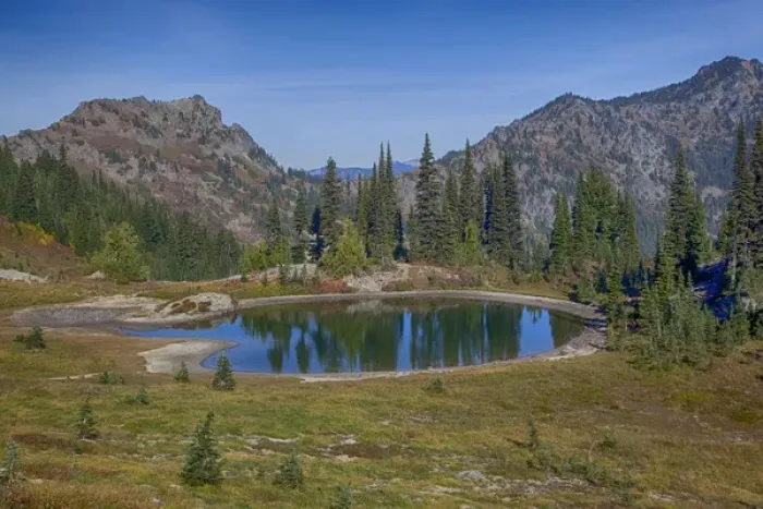 Framed Print : WA, Mount Rainier National Park, Alpine tarn along the Naches Loop near Chinook Pass Framed Print : WA, Mount Rainier National Park, Alpine tarn along the Naches Loop near Chinook Pass